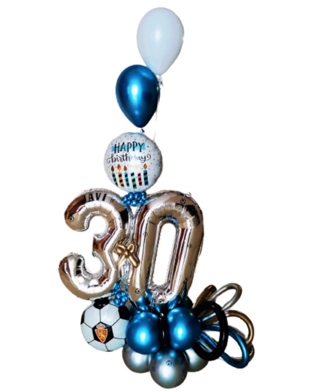 Arrego de globos con el numero 30 y decoraciones de futbol